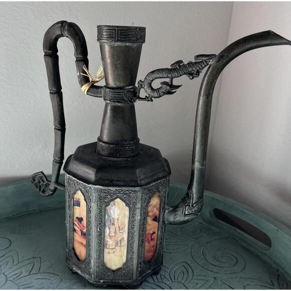 Antique Chinese 1910 Swatow Pewter 8 Panel Reverse Painted Glass Teapot, NO LID - Picture 5 of 13